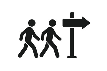 Two people walking towards directional sign. Pedestrian stick figures follow right arrow signage. Wayfinding, direction, guidance, movement concept. Navigation icon, pathfinding, travel illustration.