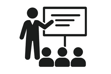Business presentation icon, teacher instructor giving seminar, corporate training, education seminar, human silhouette pointing at blank board, audience, classroom, workshop, flat vector illustration