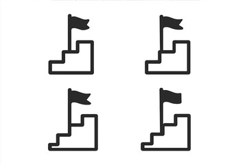 Achievement stairs icon set with flag on top. Success stairs outline. Goal completion, accomplishment, upward progress, motivation, target reached. Vector for business, leaderboard, career milestones.
