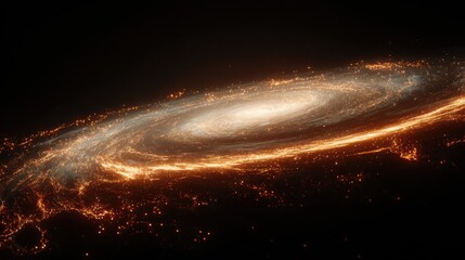 A stunning spiral galaxy showcases AI parameters and data nodes with glowing filaments. This cosmic spectacle highlights the beauty of deep space.