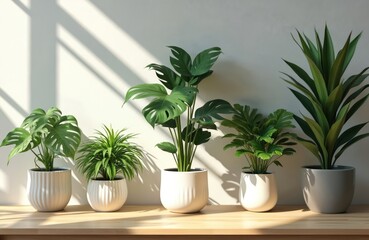 Fototapeta premium Several potted green houseplants arranged on a wooden shelf indoors. Shadows from window blinds fall across a white wall behind the indoor plants. These leafy greens bring nature inside.