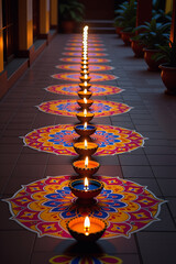 A row of traditional diya oil lamps burning on colorful rangoli patterns during Diwali festival.

