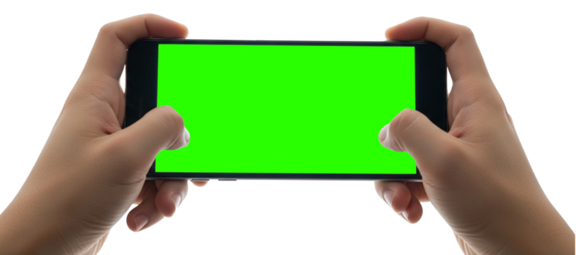 Hands holding smartphone with vibrant green screen for creative content overlay