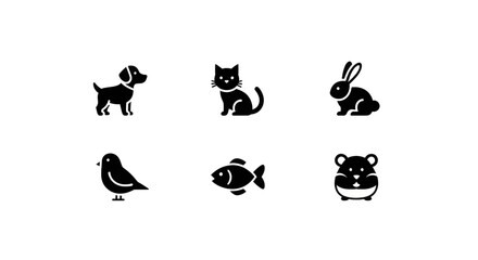 Obraz premium Collection of simple, cute pet icons, including a dog, cat, rabbit, bird, fish, and hamster.