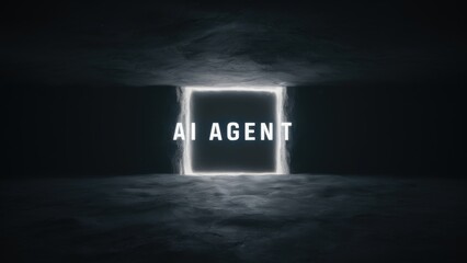 Powerful AI Agent glowing in dark, modern design for technology and innovation concepts, sparking curiosity and futuristic ideas, AI powered solution