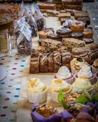 A tempting display of delicious cakes at a market stall.