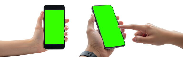 Hands holding smartphones with green screen for easy content customization and digital interaction