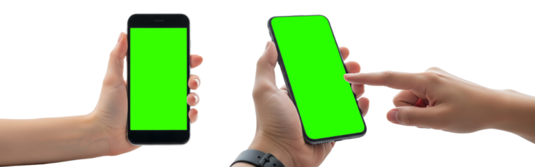 Hands holding smartphones with green screen for easy content customization and digital interaction