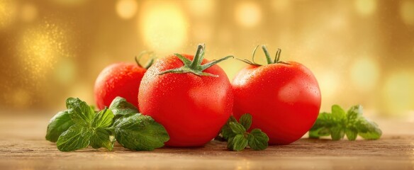 The vibrant red tomatoes with fresh mint leaves on a wooden table.