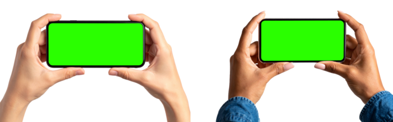 Two diverse hands holding smartphones with green screens horizontally for immersive digital experiences