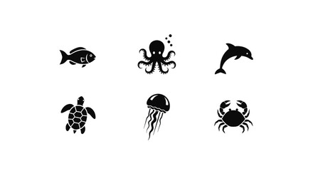 Collection of stylized marine life icons, including fish, octopus, dolphin, turtle, jellyfish, and crab.