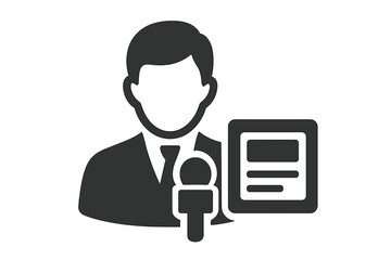News announcer icon with microphone. Journalist, reporter, press correspondent pictogram. Media broadcasting symbol. Man holding report document. Interview, public speaking concept.