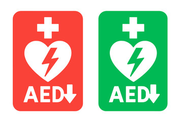 AED automated external defibrillator sign set. Red and green vector icons. Heart, cross, and arrow symbols for emergency medical location. First aid and cpr concept.
