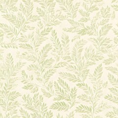 Fototapeta premium Delicate, soft, seamless pattern displaying verdant leaves and intricate foliage. This artwork features a subtle beige background, complemented by gentle green hues throughout.