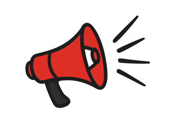 Red megaphone vector icon for announcement and marketing. Loudspeaker symbol for news, alert, and protest communication. Loud hailer illustration for broadcasting a message.