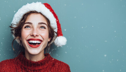 A beautiful girl in a Santa on blue background. Happy Joyful girl Merry Christmas Holiday. Copy space
