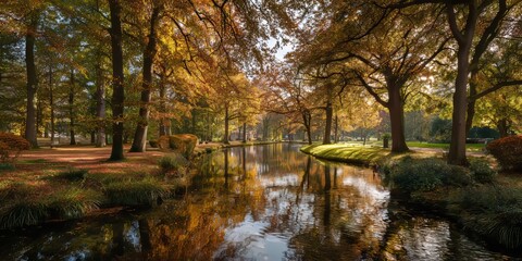 Autumn Reflection: A tranquil canal meanders through a vibrant autumn landscape, its surface mirroring the colorful foliage and the sunlit trees. The air is crisp.