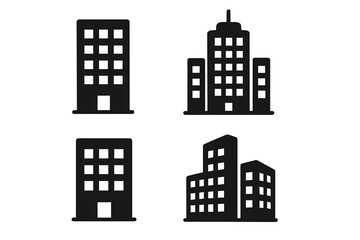 Office building icon set. Corporate headquarters, city tower pictogram collection. Vector glyphs for real estate, business, urban architecture, and company branding signs.