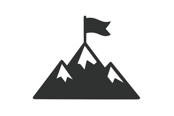 Mountain peak with flag icon symbol. Business success and goal achievement concept. Mission accomplished. Reaching the top. Leadership, career growth, and victory metaphor.