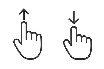 Swipe gesture icon collection. Up and down scrolling finger gesture symbols with arrows. Touchscreen hand pointer navigation. Mobile UI UX gesture guide. Minimal thin line vector illustration set.