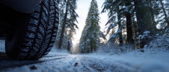 The tire on a snowy forest road at sunrise with frosted tread and mist