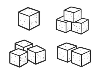 Hand Drawn Sugar Cubes Vector Set. Realistic Sugar Cube Icon Collection. Isometric White Sweetener Cubes, Textured Grainy Design. Grouped Candy Cubes for Cafe, Coffee, Tea, Beverage Illustration