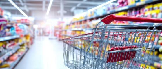 The Shopping Cart in a Bright Supermarket Aisle with Blurred Shelves and Products