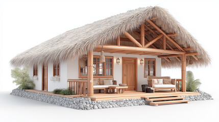 Rustic Bamboo Hut with Stone Base and Wooden Porch