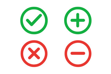 Pros and cons icon set. Plus, minus, check mark and cross symbols. Green and red buttons for positive, negative, approval or rejection. Vector concept for advantage or disadvantage.