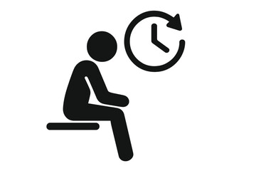 Waiting person icon silhouette, time delay, sitting man pictogram, wait symbol, pending schedule, clock arrow, queue concept, patient figure, minimalist vector illustration, black on white background