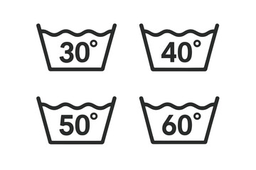 Washing temperature symbols, 30, 40, 50, 60 degrees. Set of laundry care label icons. Machine wash instruction for clothes. Textile care properties. Vector pictogram illustration.
