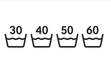 Set of machine wash temperature symbols. Laundry care guide icons for 30, 40, 50, and 60 degrees. Vector illustration for clothing labels and textile instructions.