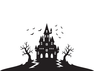 Black silhouette haunted castle with bats and dead trees