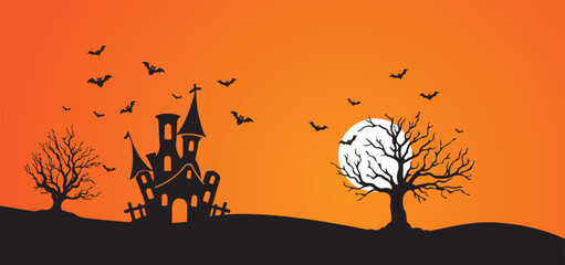 Halloween haunted castle and dead tree against full moon