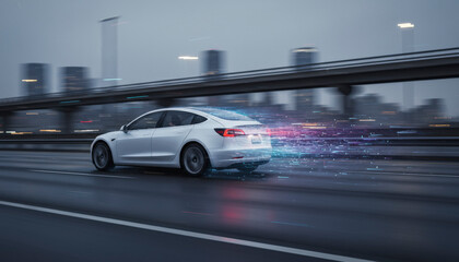 Fototapeta premium White electric car driving on a wet road by the lake at night, with city lights reflecting in the distance. Cinematic automotive photography capturing the elegance of modern electric mobility, technol