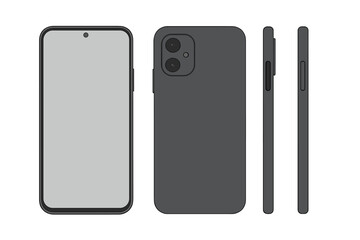 Realistic smartphone vector illustration set with flat cartoon design, front, back, and side views, transparent background, modern mobile phone technology, communication device concept