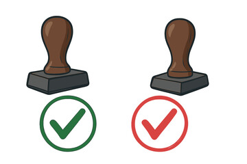 Rubber stamp with green approved and red rejected check marks. Yes and no checkmark icon for validation or quality control. Vector concept for accept and deny symbol.