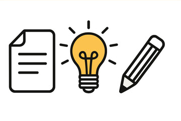 Creative Writing Idea Icon. Bright Light Bulb, Paper, and Pencil. Innovation, Invention, Brainstorming, Content Creation, Learning, Study, Inspiration, Education Concept, Vector Clipart Set