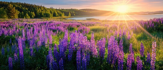 The Lupine Meadow at Sunrise Along a Tranquil Coastal Lake Shoreline