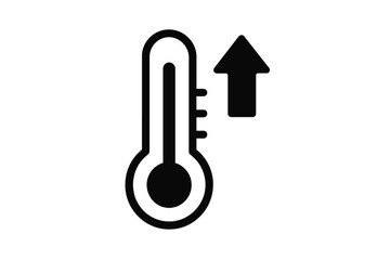 Thermometer icon with rising arrow. Temperature increase symbol. High temp sign for weather forecast, fever, or heat. Climate change and global warming metaphor. Vector graphic.