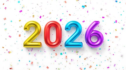 Vibrant and glossy 2026 balloon numbers in multiple colors with festive confetti scattered on a clean white background
