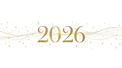 Elegant golden 2026 design featuring sparkling dots and wavy lines on a white background, perfect for New Year's greetings, future planning, and festive celebrations