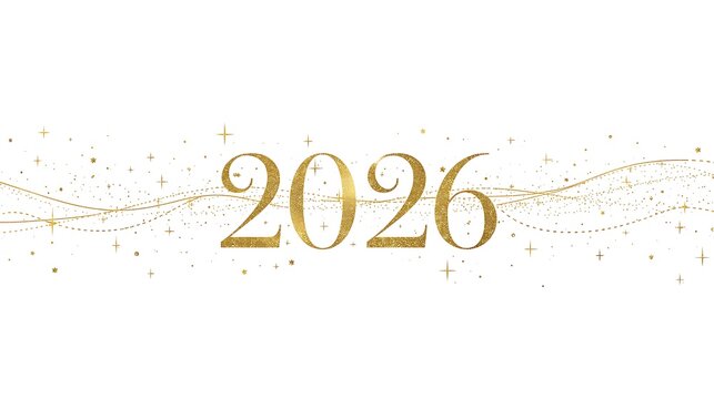 Elegant golden 2026 design featuring sparkling dots and wavy lines on a white background, perfect for New Year's greetings, future planning, and festive celebrations