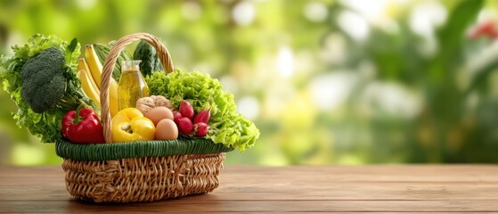 The Basket of Fresh Vegetables and Fruit on a Wooden Table Outdoors