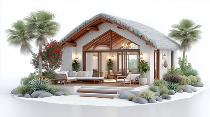 Thatched roof cottage with lush green landscape