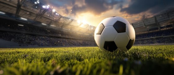 The Soccer Ball on Lush Grass in a Dramatic Sunset Stadium Scene