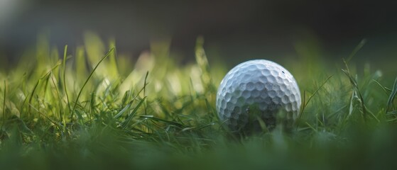 The golf ball resting in soft morning grass with bokeh background and sunlight