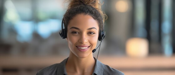 The woman customer service representative wearing a headset smiling in modern office environment