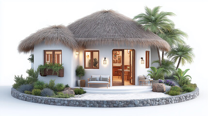 Beach villa with open glass doors and cozy lounge