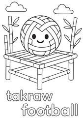 coloring book takraw football ball sitting on bamboo bench smiling cute